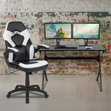 Black Gaming Desk and White/Black Racing Chair Set with Cup Holder, Headphone Hook & 2 Wire Management Holes [FLF-BLN-X10D1904-WH-GG]
