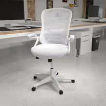 High Back White Mesh Ergonomic Swivel Office Chair with White Frame and Flip-up Arms [FLF-HL-0016-1-WH-WH-GG]