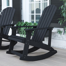 Savannah All-Weather Poly Resin Wood Adirondack Rocking Chair with Rust Resistant Stainless Steel Hardware in Black [FLF-JJ-C14705-BK-GG]