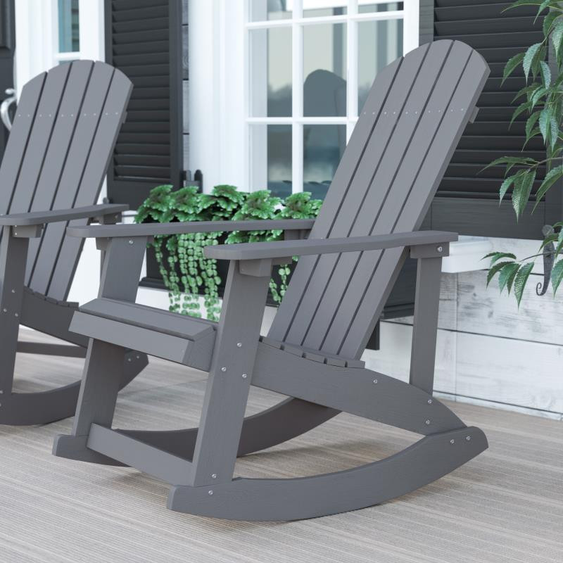 Flash Furniture Savannah All Weather Poly Resin Wood Adirondack Rocking Chair with Rust Resistant Stainless Steel Hardware Gray