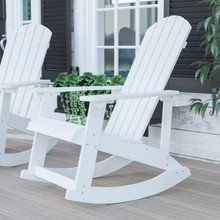 Savannah All-Weather Poly Resin Wood Adirondack Rocking Chair with Rust Resistant Stainless Steel Hardware in White [FLF-JJ-C14705-WH-GG]