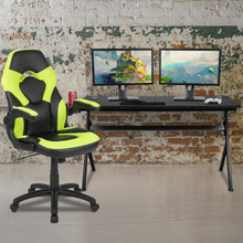 Gaming Desk and Green/Black Racing Chair Set /Cup Holder/Headphone Hook/Removable Mouse Pad Top - 2 Wire Management Holes [FLF-BLN-X10D1904L-GN-GG]