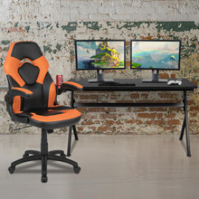 Gaming Desk and Orange/Black Racing Chair Set /Cup Holder/Headphone Hook/Removable Mouse Pad Top - 2 Wire Management Holes [FLF-BLN-X10D1904L-OR-GG]