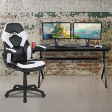 Gaming Desk and White/Black Racing Chair Set /Cup Holder/Headphone Hook/Removable Mouse Pad Top - 2 Wire Management Holes [FLF-BLN-X10D1904L-WH-GG]