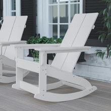 Finn Modern All-Weather 2-Slat Poly Resin Wood Rocking Adirondack Chair with Rust Resistant Stainless Steel Hardware in White [FLF-JJ-C14709-WH-GG]