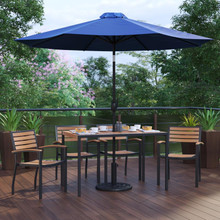 Lark 7 Piece Outdoor Patio Dining Table Set with 4 Synthetic Teak Stackable Chairs, 30" x 48" Table, Navy Umbrella & Base [FLF-XU-DG-304860064-UB19BNV-GG]