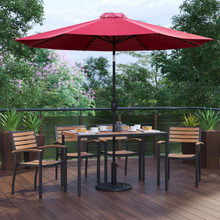 Lark 7 Piece Outdoor Patio Dining Table Set with 4 Synthetic Teak Stackable Chairs, 30" x 48" Table, Red Umbrella & Base [FLF-XU-DG-304860064-UB19BRD-GG]