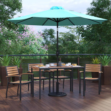 Lark 7 Piece Outdoor Patio Dining Table Set with 4 Synthetic Teak Stackable Chairs, 30" x 48" Table, Teal Umbrella & Base [FLF-XU-DG-304860064-UB19BTL-GG]