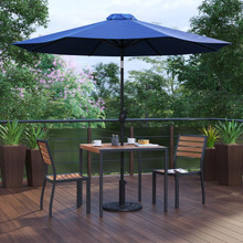 Lark 5 Piece All-Weather Deck or Patio Set with 2 Stacking Faux Teak Chairs, 35" Square Faux Teak Table, Navy Umbrella & Base [FLF-XU-DG-810060362-UB19BNV-GG]
