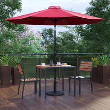 Lark 5 Piece All-Weather Deck or Patio Set with 2 Stacking Faux Teak Chairs, 35" Square Faux Teak Table, Red Umbrella & Base [FLF-XU-DG-810060362-UB19BRD-GG]