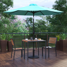 Lark 5 Piece All-Weather Deck or Patio Set with 2 Stacking Faux Teak Chairs, 35" Square Faux Teak Table, Teal Umbrella & Base [FLF-XU-DG-810060362-UB19BTL-GG]