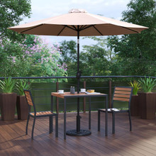 Lark 5 Piece All-Weather Deck or Patio Set with 2 Stacking Faux Teak Chairs, 35" Square Faux Teak Table, Tan Umbrella & Base [FLF-XU-DG-810060362-UB19BTN-GG]