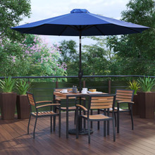 Lark 7 Piece Outdoor Patio Table Set with 4 Synthetic Teak Stackable Chairs, 35" Square Table, Navy Umbrella & Base [FLF-XU-DG-810060064-UB19BNV-GG]