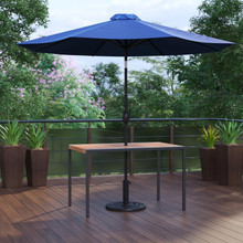 Lark 3 Piece Outdoor Patio Table Set - 30" x 48" Synthetic Teak Patio Table with Navy Umbrella and Base [FLF-XU-DG-UH3048-UB19BNV-GG]
