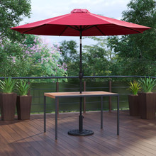 Lark 3 Piece Outdoor Patio Table Set - 30" x 48" Synthetic Teak Patio Table with Red Umbrella and Base [FLF-XU-DG-UH3048-UB19BRD-GG]