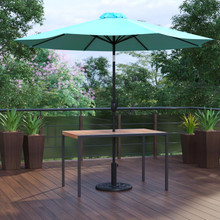 Lark 3 Piece Outdoor Patio Table Set - 30" x 48" Synthetic Teak Patio Table with Teal Umbrella and Base [FLF-XU-DG-UH3048-UB19BTL-GG]