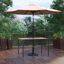Lark 3 Piece Outdoor Patio Table Set - 30" x 48" Square Synthetic Teak Patio Table with Tan Umbrella and Base [FLF-XU-DG-UH3048-UB19BTN-GG]