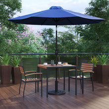 Lark 5 Piece Outdoor Patio Table Set with 2 Synthetic Teak Stackable Chairs, 35" Square Table, Navy Umbrella & Base [FLF-XU-DG-810060062-UB19BNV-GG]