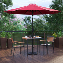 Lark 5 Piece Outdoor Patio Table Set with 2 Synthetic Teak Stackable Chairs, 35" Square Table, Red Umbrella & Base [FLF-XU-DG-810060062-UB19BRD-GG]