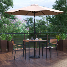 Lark 5 Piece Outdoor Patio Table Set with 2 Synthetic Teak Stackable Chairs, 35" Square Table, Tan Umbrella & Base [FLF-XU-DG-810060062-UB19BTN-GG]