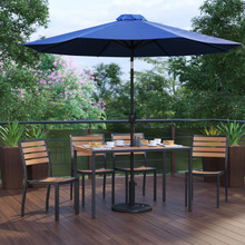 Lark 7 Piece All-Weather Deck or Patio Set with 4 Stacking Faux Teak Chairs, 30" x 48" Faux Teak Table, Navy Umbrella & Base [FLF-XU-DG-304860364-UB19BNV-GG]