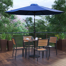 Lark 7 Piece All-Weather Deck or Patio Set with 4 Stacking Faux Teak Chairs, 35" Square Faux Teak Table, Navy Umbrella & Base [FLF-XU-DG-810060364-UB19BNV-GG]