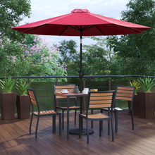 Lark 7 Piece All-Weather Deck or Patio Set with 4 Stacking Faux Teak Chairs, 35" Square Faux Teak Table, Red Umbrella & Base [FLF-XU-DG-810060364-UB19BRD-GG]