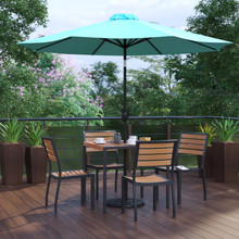 Lark 7 Piece All-Weather Deck or Patio Set with 4 Stacking Faux Teak Chairs, 35" Square Faux Teak Table, Teal Umbrella & Base [FLF-XU-DG-810060364-UB19BTL-GG]
