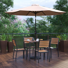 Lark 7 Piece All-Weather Deck or Patio Set with 4 Stacking Faux Teak Chairs, 35" Square Faux Teak Table, Tan Umbrella & Base [FLF-XU-DG-810060364-UB19BTN-GG]