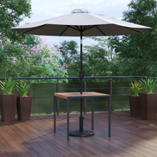 Lark 3 Piece Outdoor Patio Table Set - 35" Square Synthetic Teak Patio Table with Gray Umbrella and Base [FLF-XU-DG-UH8100-UB19BGY-GG]