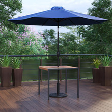 Lark 3 Piece Outdoor Patio Table Set - 35" Square Synthetic Teak Patio Table with Navy Umbrella and Base [FLF-XU-DG-UH8100-UB19BNV-GG]