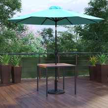 Lark 3 Piece Outdoor Patio Table Set - 35" Square Synthetic Teak Patio Table with Teal Umbrella and Base [FLF-XU-DG-UH8100-UB19BTL-GG]