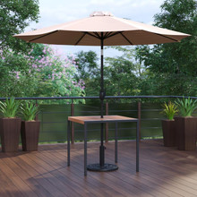 Lark 3 Piece Outdoor Patio Table Set - 35" Square Synthetic Teak Patio Table with Umbrella Hole and Tan Umbrella with Base [FLF-XU-DG-UH8100-UB19BTN-GG]