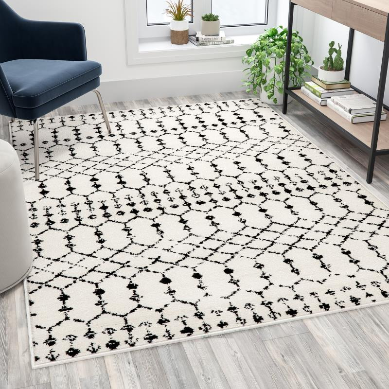 Geometric Bohemian Low Pile Rug 5 x 7 Ivory Black FLF RC CR19 1330 57 WH GG EventsWholesale