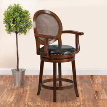 26'' High Expresso Wood Counter Height Stool with Arms, Woven Rattan Back and Black LeatherSoft Swivel Seat [FLF-TA-550426-E-CTR-GG]