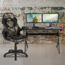 Black Gaming Desk and Camouflage/Black Racing Chair Set with Cup Holder, Headphone Hook & 2 Wire Management Holes [FLF-BLN-X10D1904-CAM-GG]