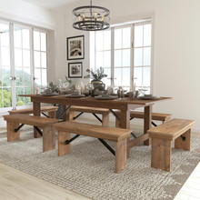 HERCULES Series 8' x 40'' Antique Rustic Folding Farm Table and Six Bench Set [FLF-XA-FARM-3-GG]