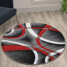 Atlan Collection 4' x 4' Red Round Abstract Area Rug - Olefin Rug with Jute Backing - Entryway, Living Room or Bedroom [FLF-KP-RG951-44-RD-GG]