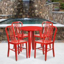 Commercial Grade 24" Round Red Metal Indoor-Outdoor Table Set with 4 Vertical Slat Back Chairs [FLF-CH-51080TH-4-18VRT-RED-GG]