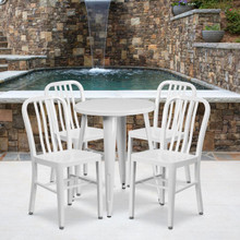 Commercial Grade 24" Round White Metal Indoor-Outdoor Table Set with 4 Vertical Slat Back Chairs [FLF-CH-51080TH-4-18VRT-WH-GG]