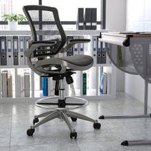 Mid-Back Transparent Black Mesh Drafting Chair with Graphite Silver Frame and Flip-Up Arms [FLF-BL-LB-8801X-D-BK-GR-GG]