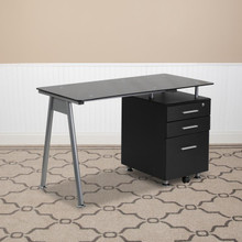 Black Glass Computer Desk with Three Drawer Pedestal [FLF-NAN-WK-021A-GG]