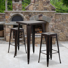Commercial Grade 23.75" Square Black-Antique Gold Metal Indoor-Outdoor Bar Table Set with 2 Square Seat Backless Stools [FLF-CH-31330B-2-30SQ-BQ-GG]