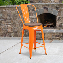24" High Orange Metal Counter Height Stool with Back and Wood Seat [FLF-CH-31320-24GB-OR-WD-GG]