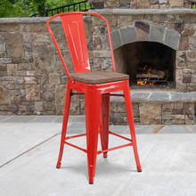 24" High Red Metal Counter Height Stool with Back and Wood Seat [FLF-CH-31320-24GB-RED-WD-GG]