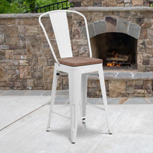24" High White Metal Counter Height Stool with Back and Wood Seat [FLF-CH-31320-24GB-WH-WD-GG]