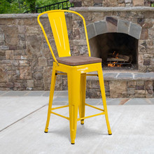 24" High Yellow Metal Counter Height Stool with Back and Wood Seat [FLF-CH-31320-24GB-YL-WD-GG]