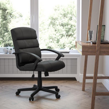Mid-Back Black LeatherSoft Swivel Task Office Chair with Arms [FLF-GO-1004-BK-LEA-GG]