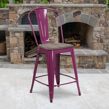 24" High Purple Metal Counter Height Stool with Back and Wood Seat [FLF-ET-3534-24-PUR-WD-GG]
