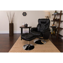 Transitional Multi-Position Recliner and Ottoman with Chrome Base in Black LeatherSoft [FLF-BT-7807-TRAD-GG]